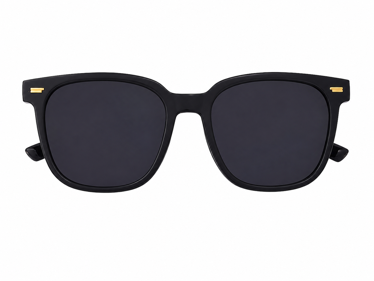 Gafas de sol unisex con montura cuadrada negra y lentes oscuros.