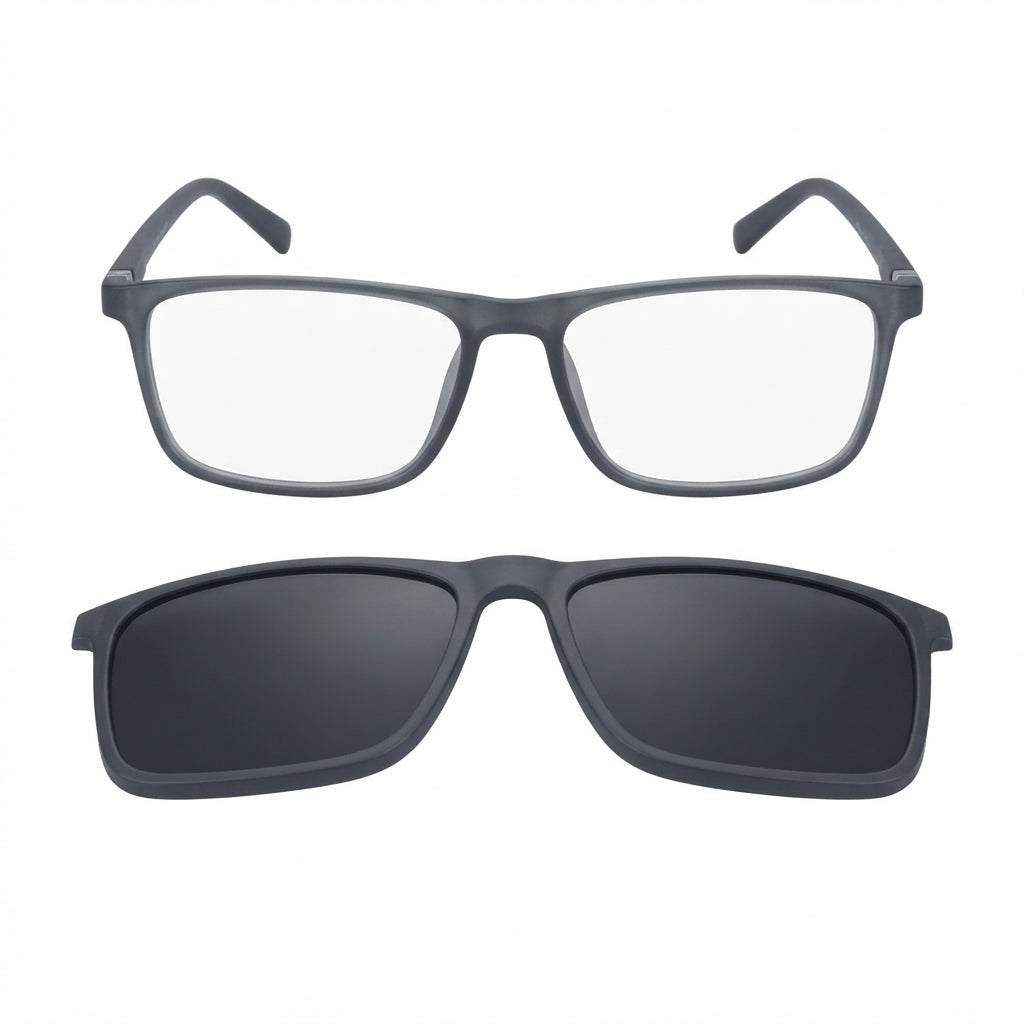Lentes con montura rectangular color negro y clip magnético para sol.