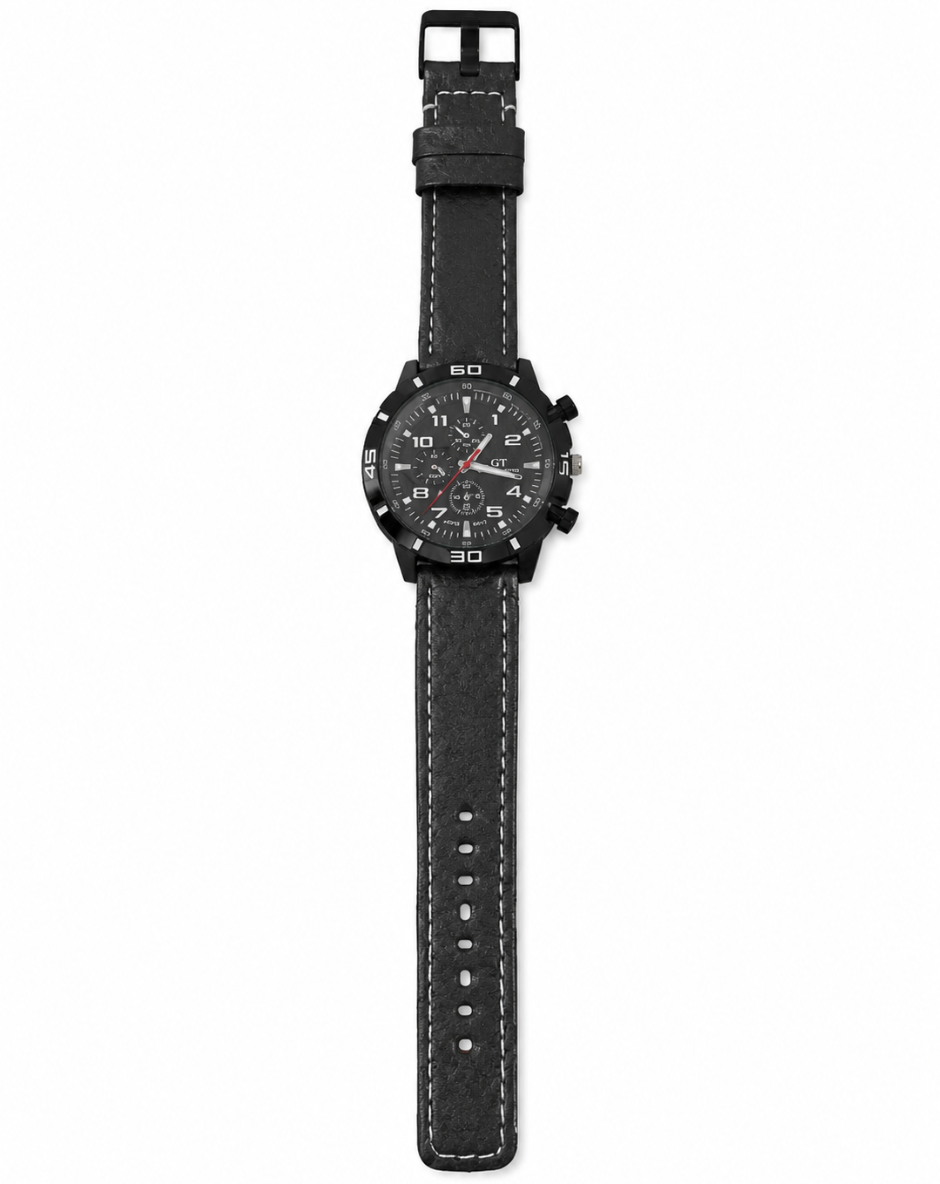 Reloj analógico deportivo para hombre con correa negra de silicona y diseño cronógrafo.
