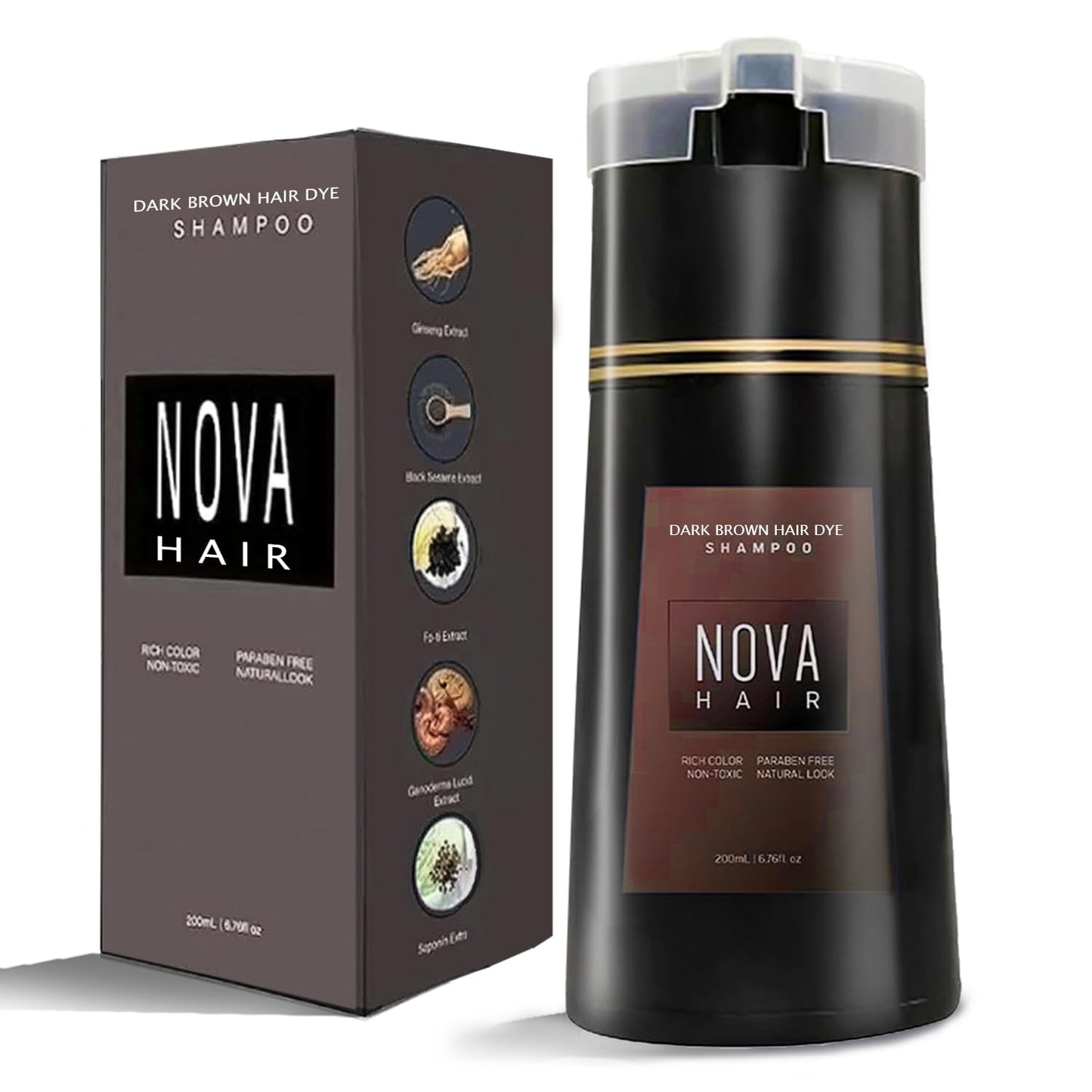 Champú de tinte 3 en 1 diseñado para cubrir las canas de forma rápida y práctica tanto en hombres como en mujeres en tono marron.