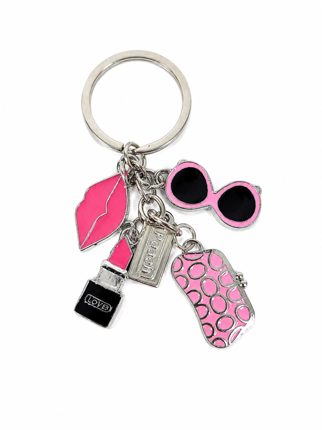 Llavero Colgante Metálico con Accesorios de Moda en Color Rosa.