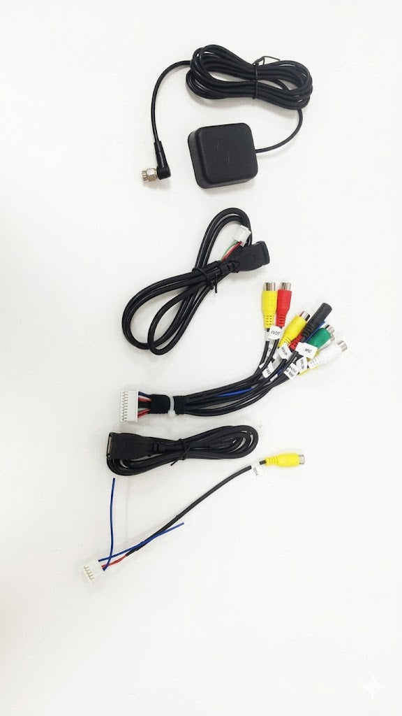 Kit de arnés de cableado y accesorios para la instalación de una radio o pantalla estéreo Android en un automóvil.