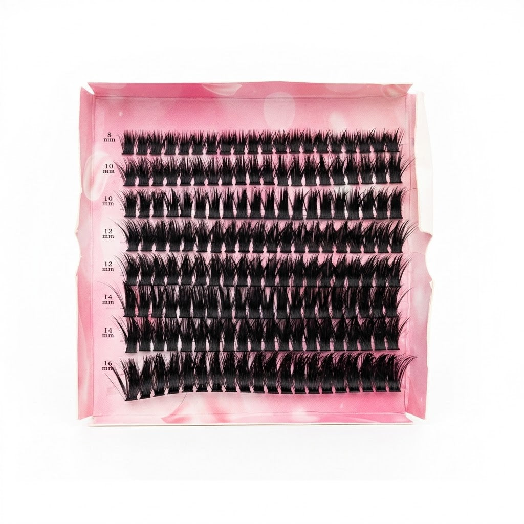 Kit de extensiones de pestañas con múltiples longitudes, incluyendo opciones de 8mm, 10mm, 12mm, 14mm y 16mm.