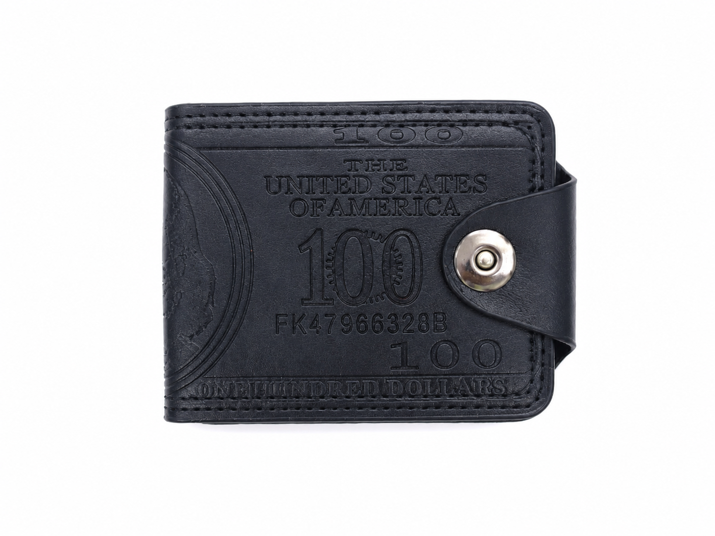 Billetera compacta de piel sintética con cierre de broche a presión y diseño grabado estilo billete de 100 dólares.
