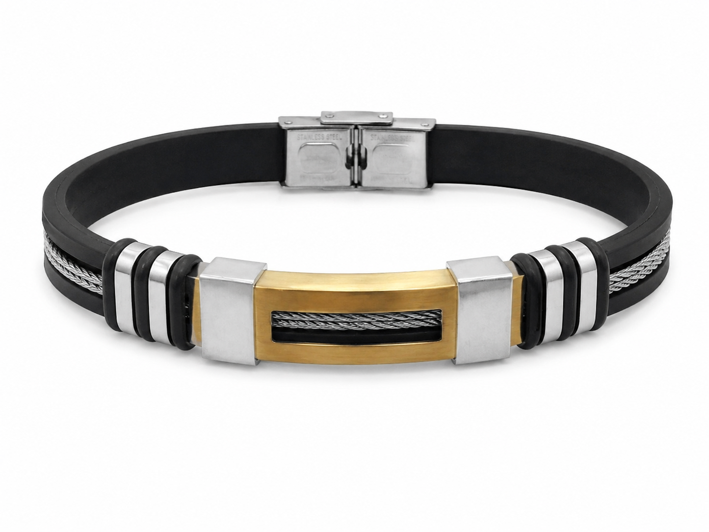 Pulsera de Silicona Negra con Detalles Metálicos Bicolor para Hombre.
