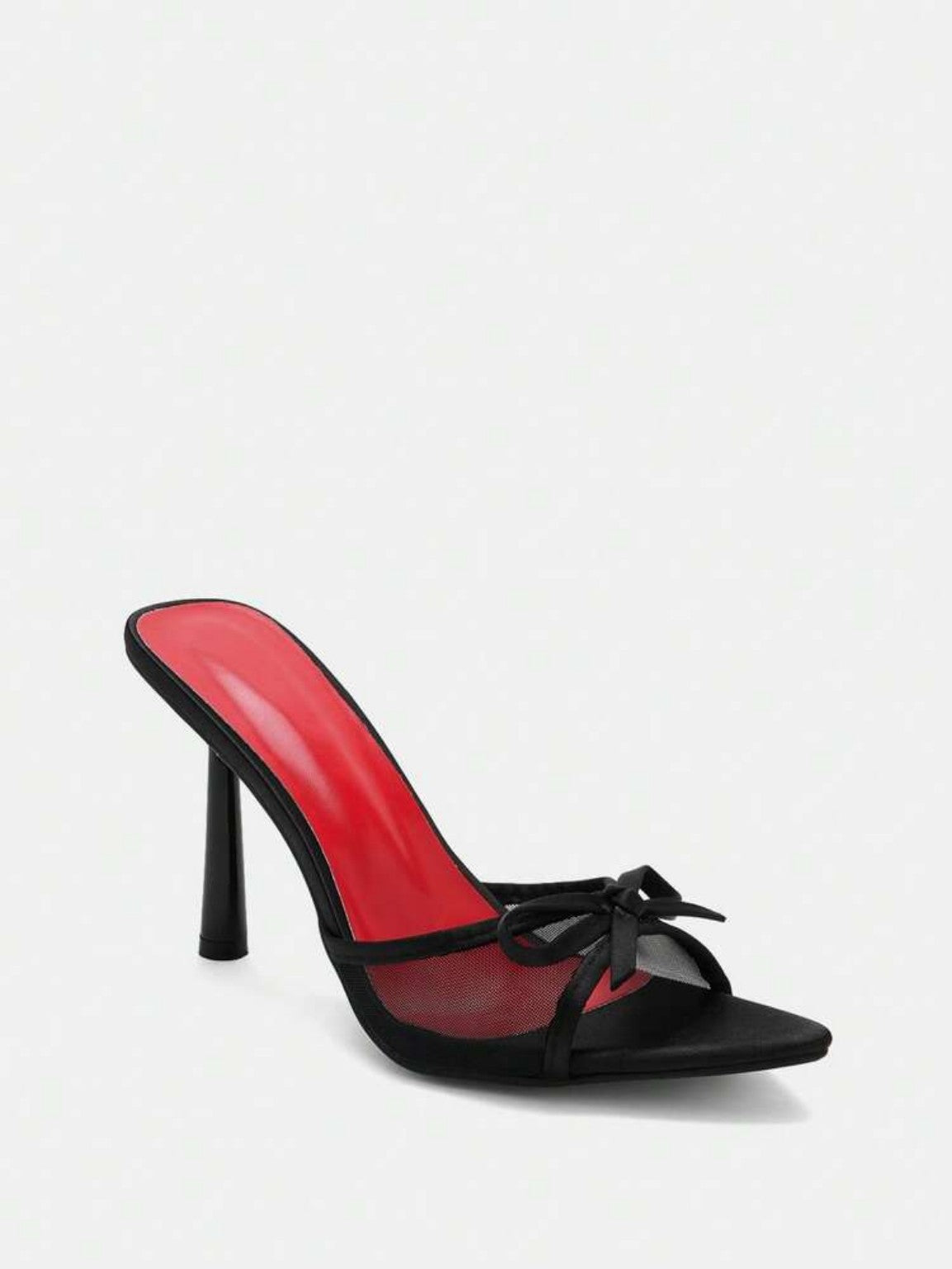 Sandalias de tacón alto negras con detalle de lazo y malla, talla 37.