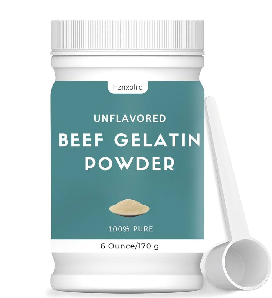 Polvo de gelatina es un espesante natural y espesante culinario hecho de colágeno bovino, utilizado para preparar gelatinas, pudines, caramelos y mermeladas, con un peso de 6 onzas (170 gramos).