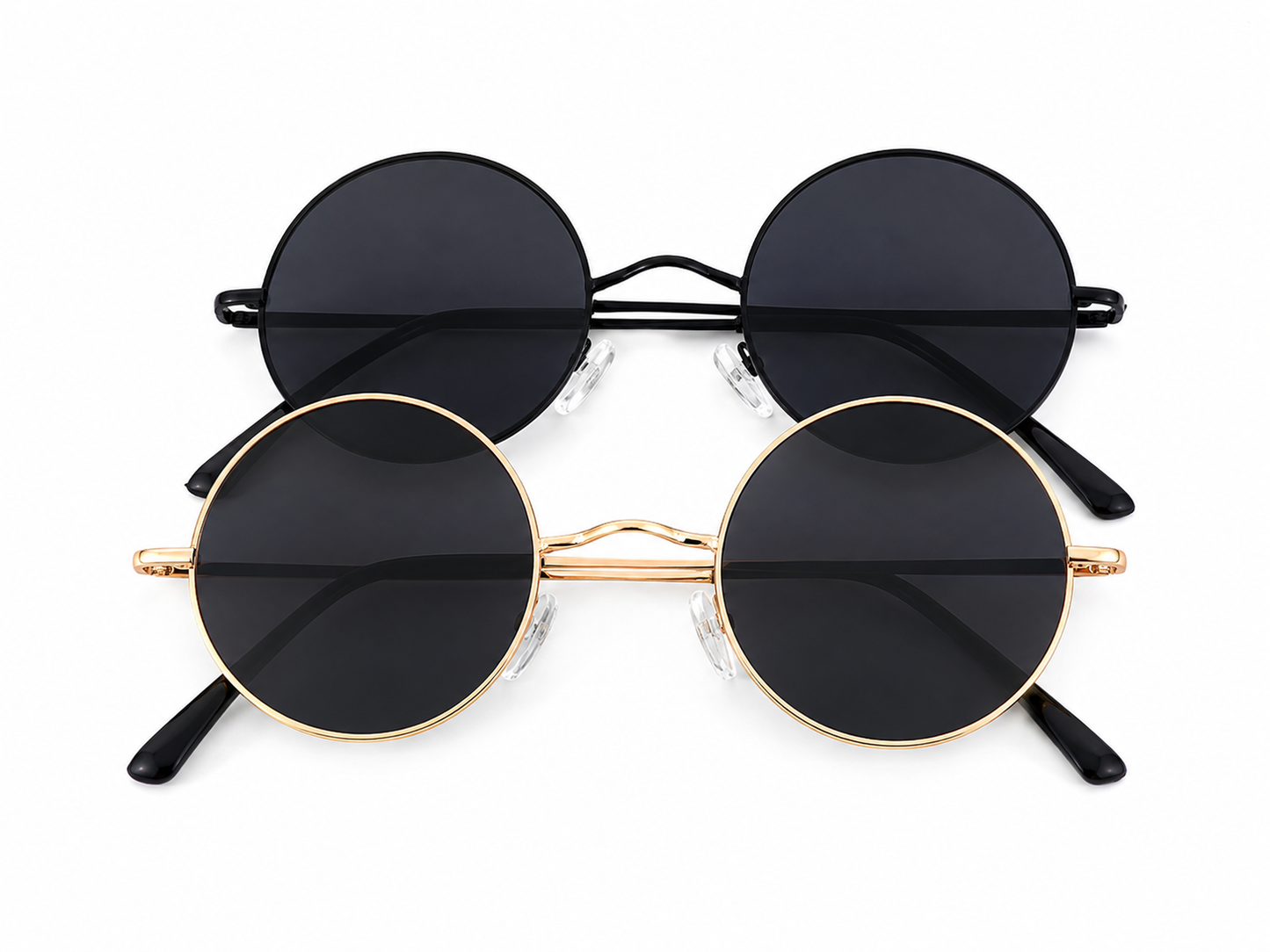 Set de 2 Gafas de Sol Redondas con Lentes Oscuros y Monturas Metálicas Negras y Doradas.
