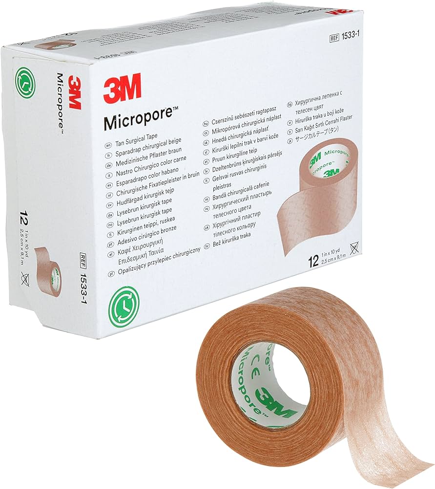 Caja de cinta quirúrgica de papel Micropore de color piel (tan), modelo 1533-2.