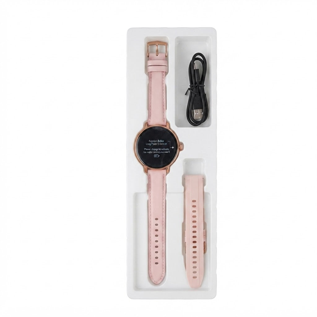 Reloj inteligente circular en tono oro rosado.