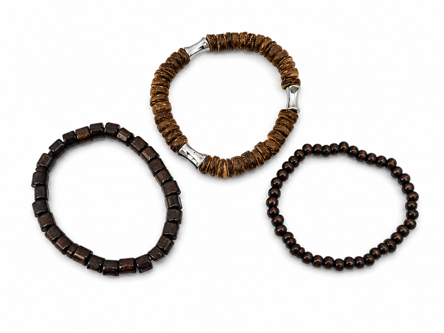 Pulseras elásticas de cuentas de madera con detalles metálicos para hombre y mujer, juego de 3 piezas.