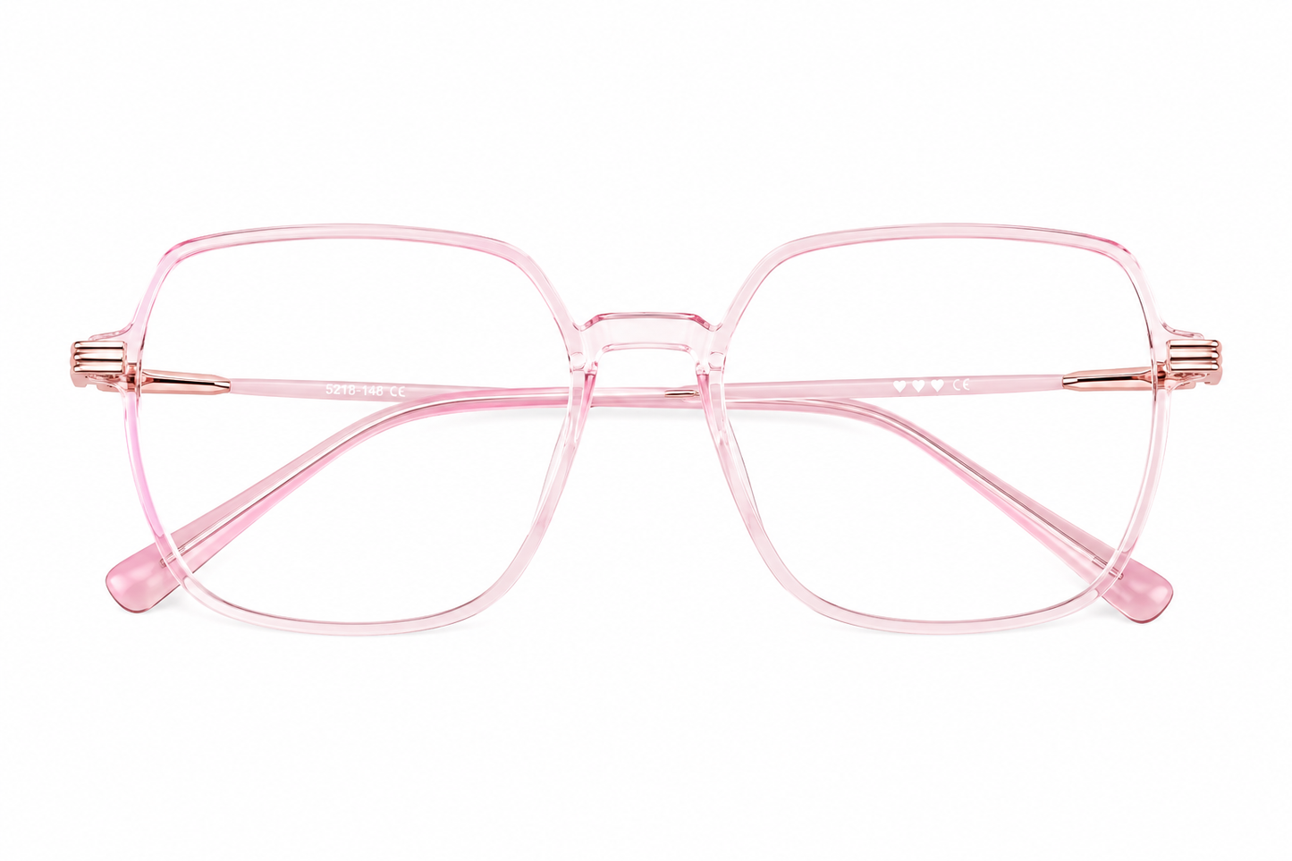 Lentes de montura cuadrada transparente color rosa con diseño moderno.