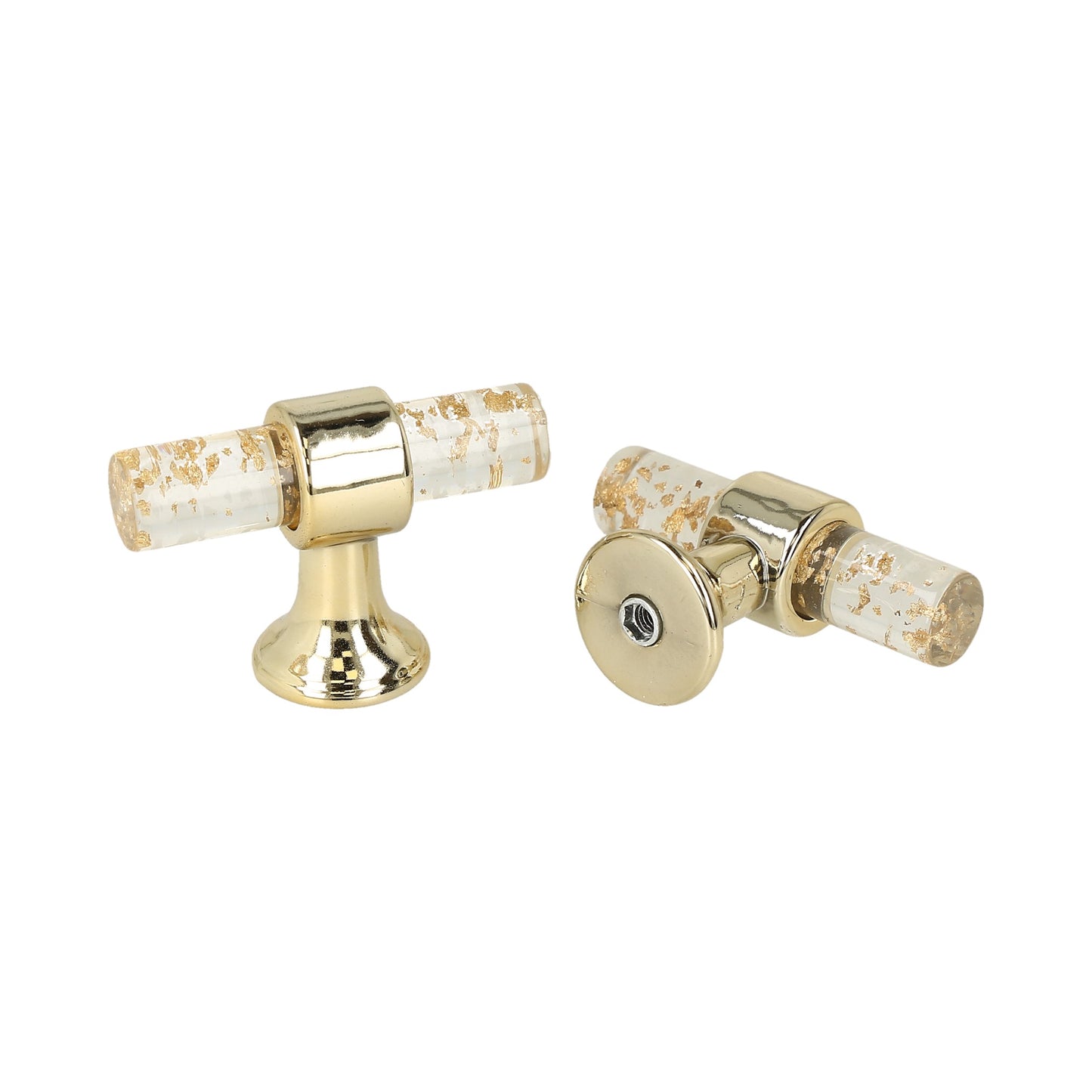 tirador de barra en T de acrílico y metal dorado para cajones o armarios.