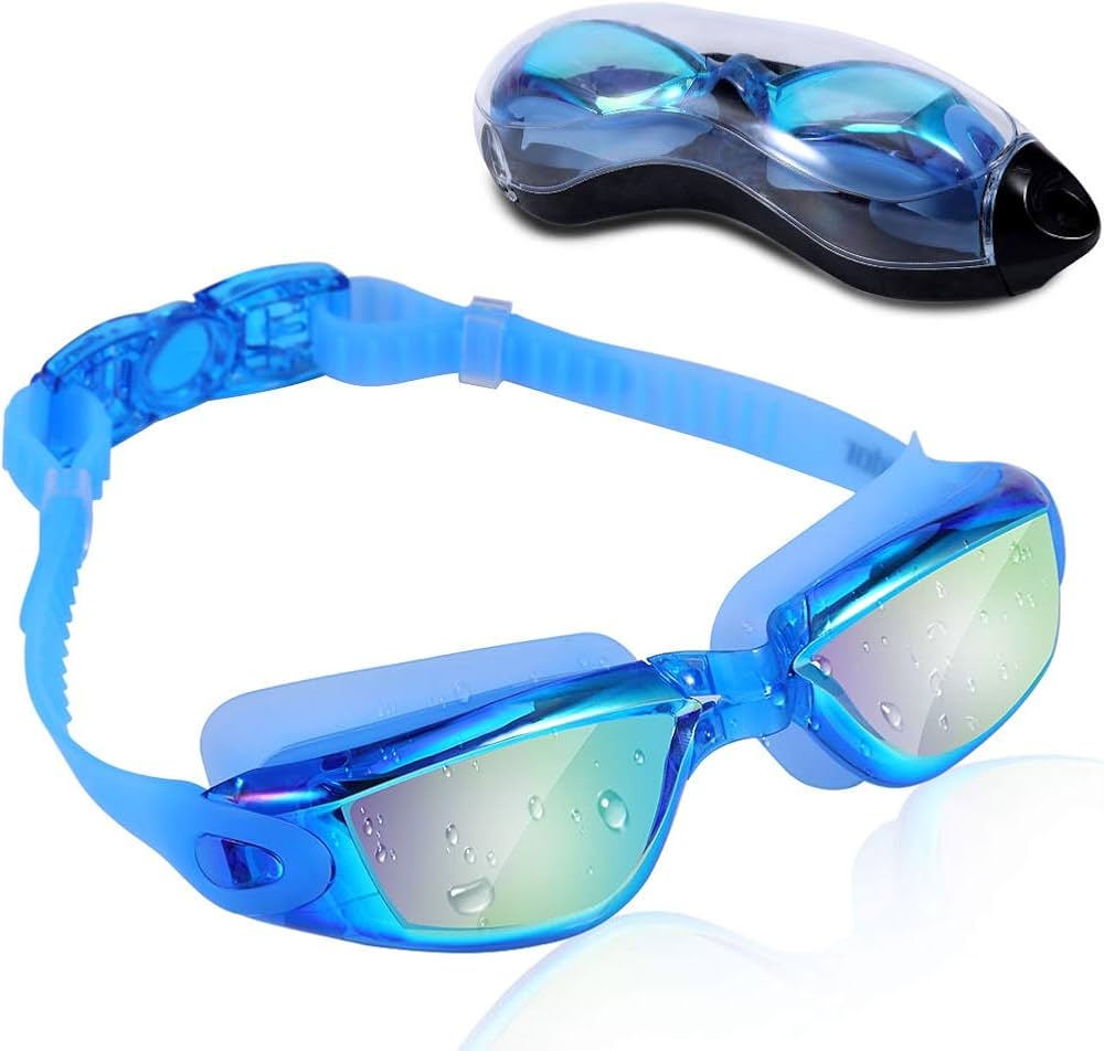 Gafas de natación azules tienen lentes espejadas y un marco de silicona suave para mayor comodidad.