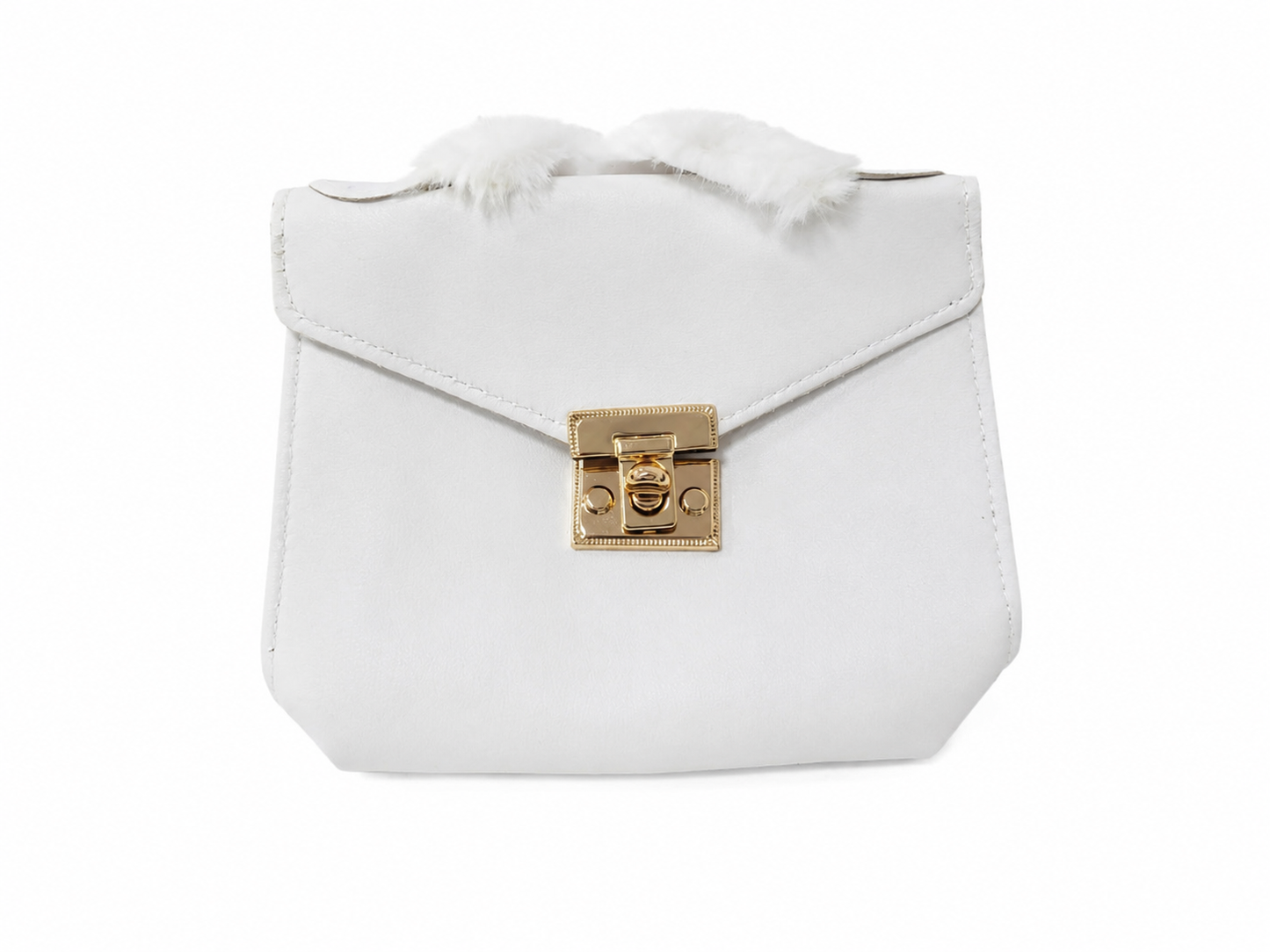 Bolso Mini Elegante Blanco con Detalles de Peluche y Cierre Dorado – Cartera Fashion para Mujer.