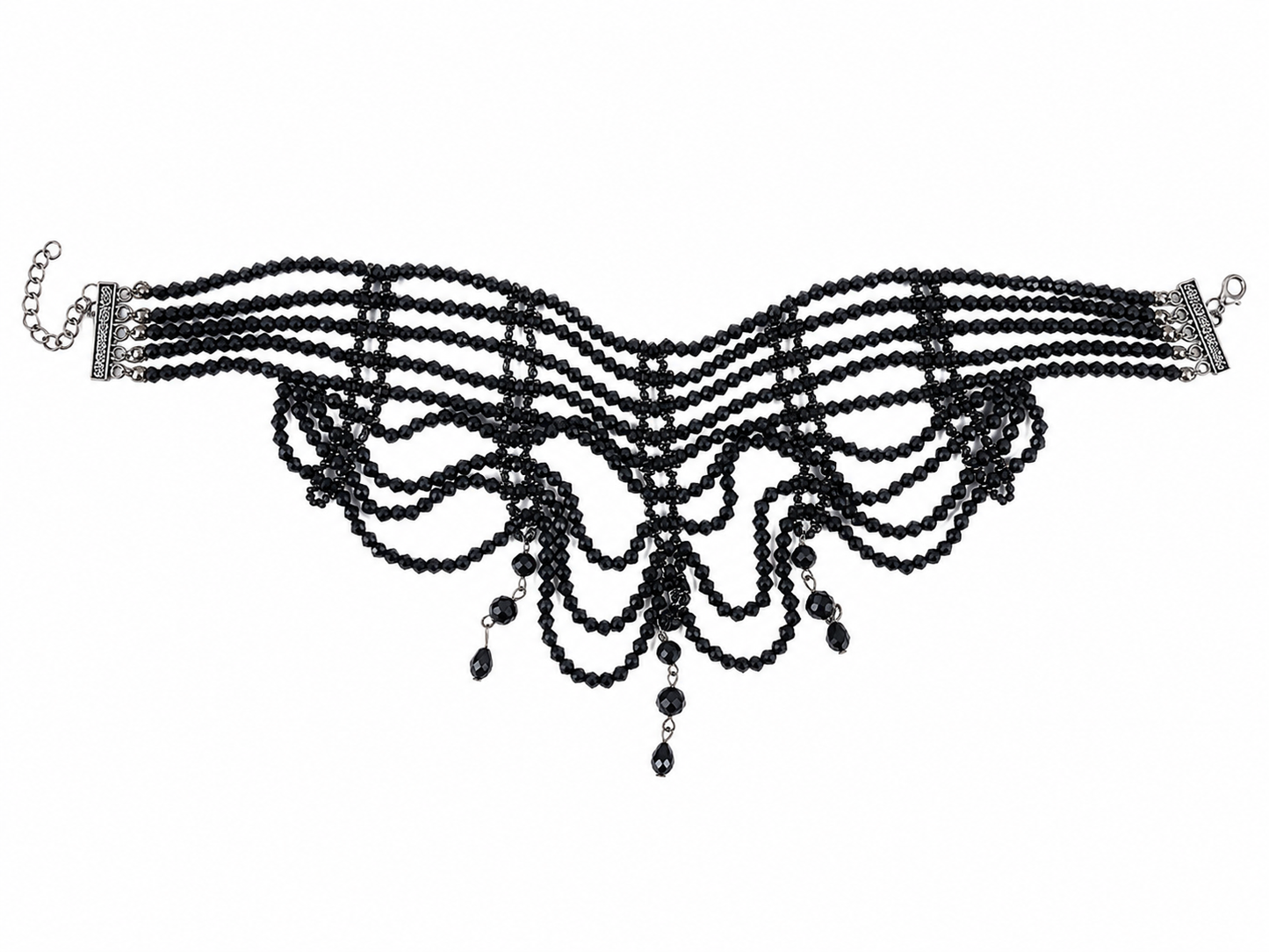 Collar Gargantilla de Cuentas Negras con Diseño de Capas, Colgantes Decorativos y Cierre Ajustable para Mujer.