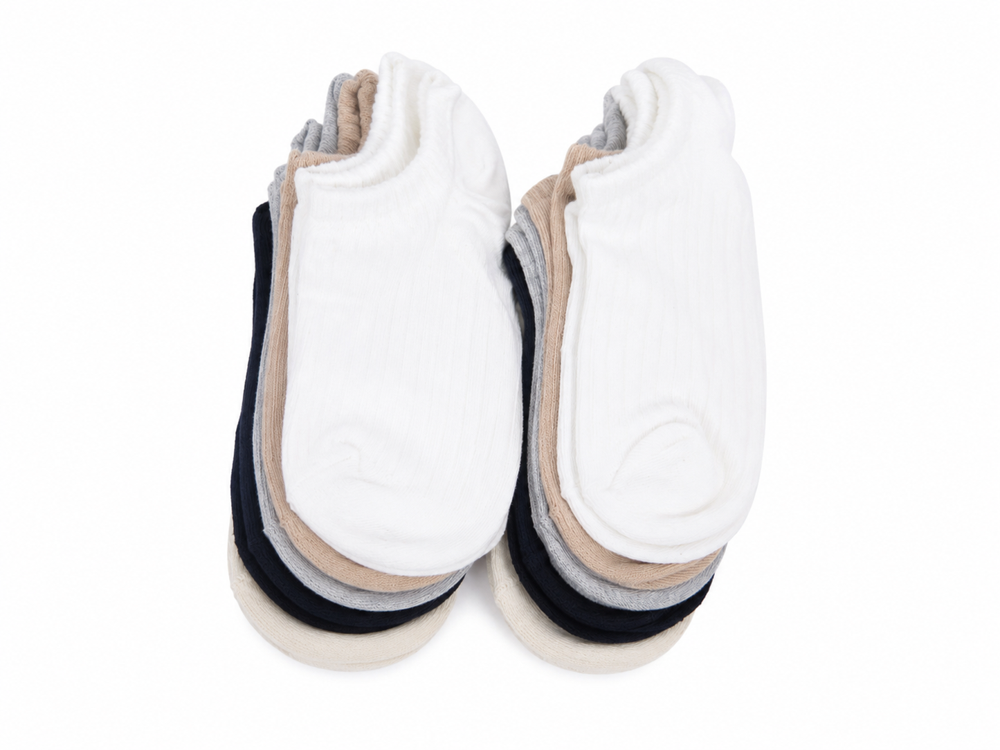 Set de 6 pares de medias tobilleras unisex en colores neutros para uso diario.