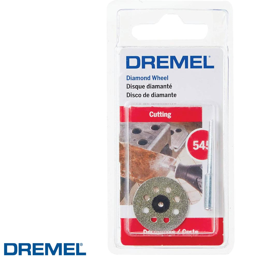 Disco de diamante Dremel 545: accesorio de corte de 7/8 pulgadas (22.2 mm) diseñado para herramientas rotativas y cuenta con revestimiento de diamante para materiales duros.