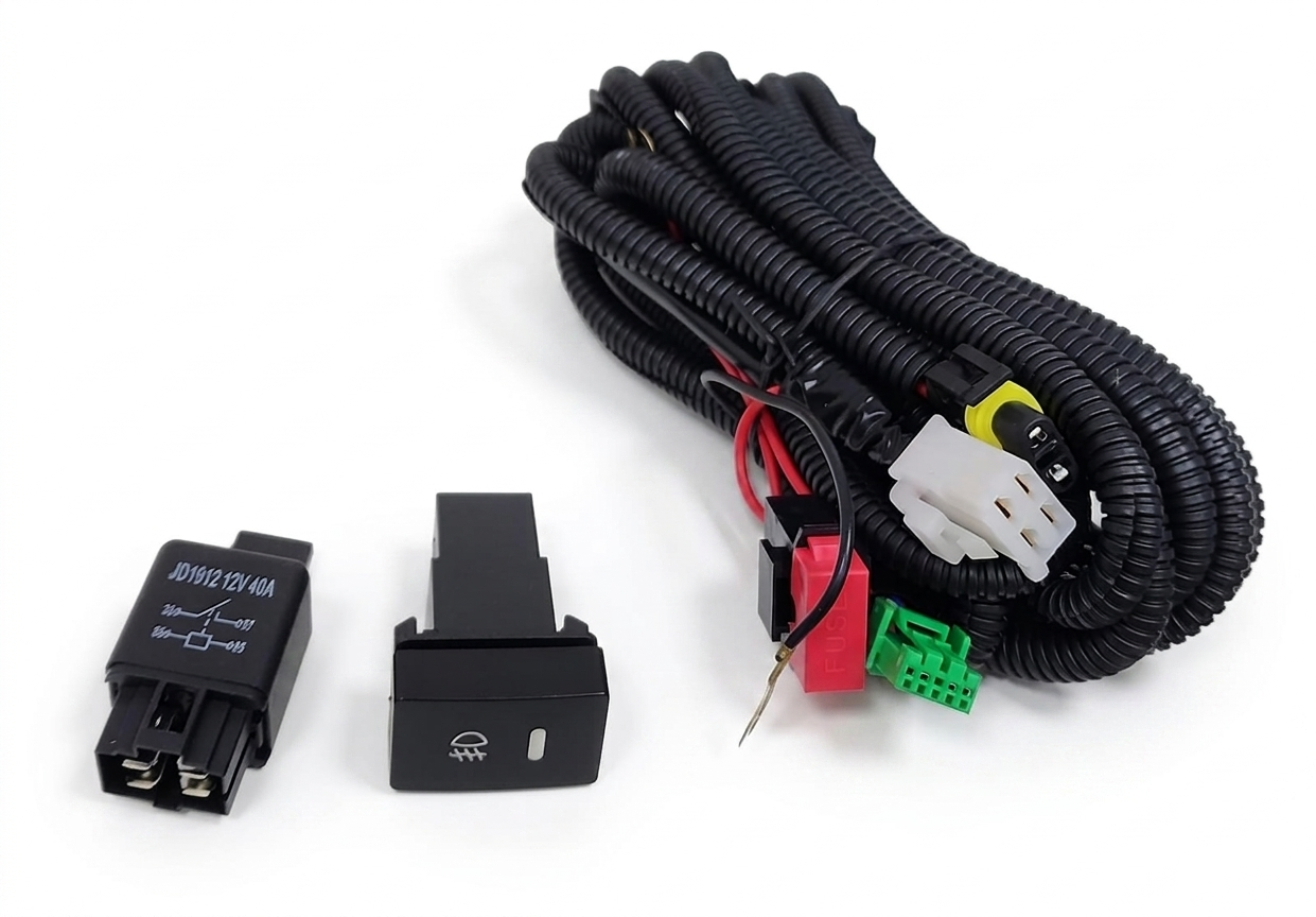 Kit de arnés de cableado para luces antiniebla automotrices de 12V y 40A, que incluye un relé, un interruptor y conectores.