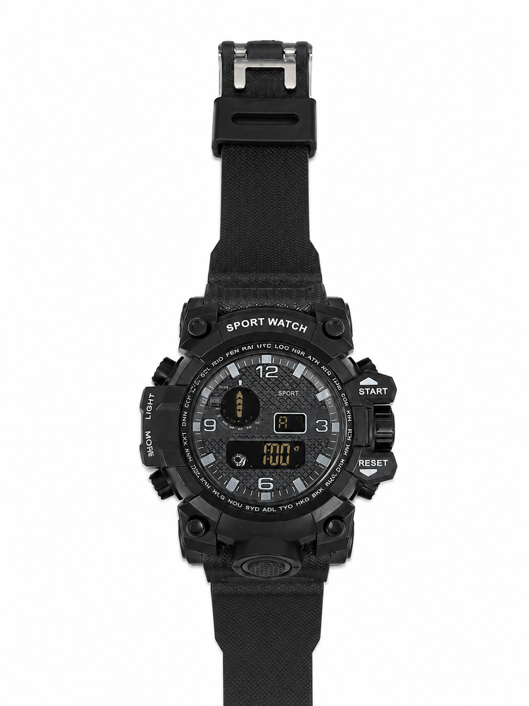 Reloj deportivo analógico y digital con correa de silicona negra.