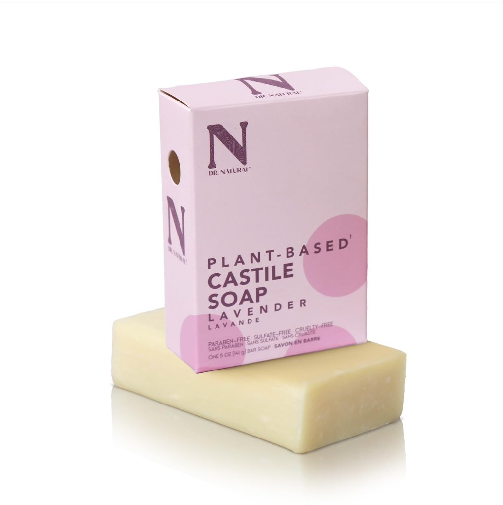 Jabón en barra de formulado con ingredientes de origen vegetal y aroma a lavanda.