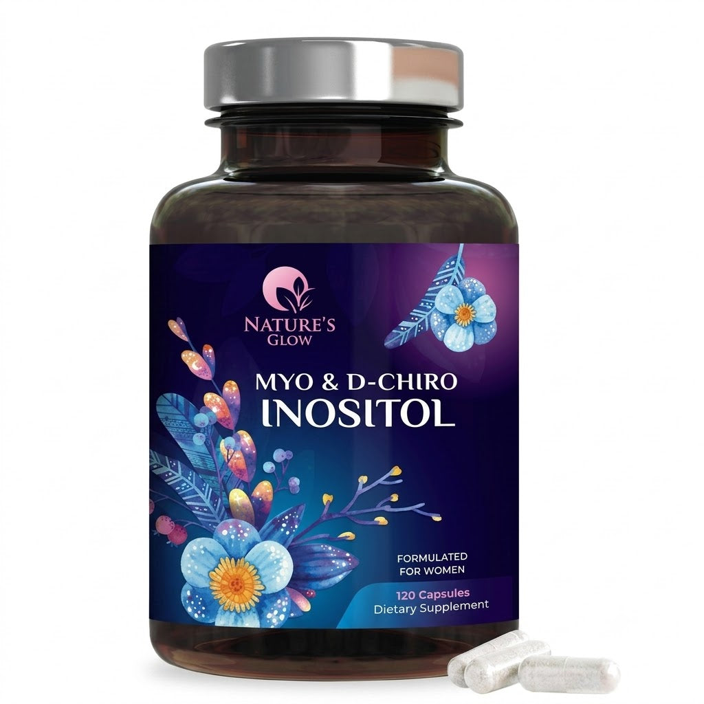 Suplemento en un frasco negro con diseño floral.