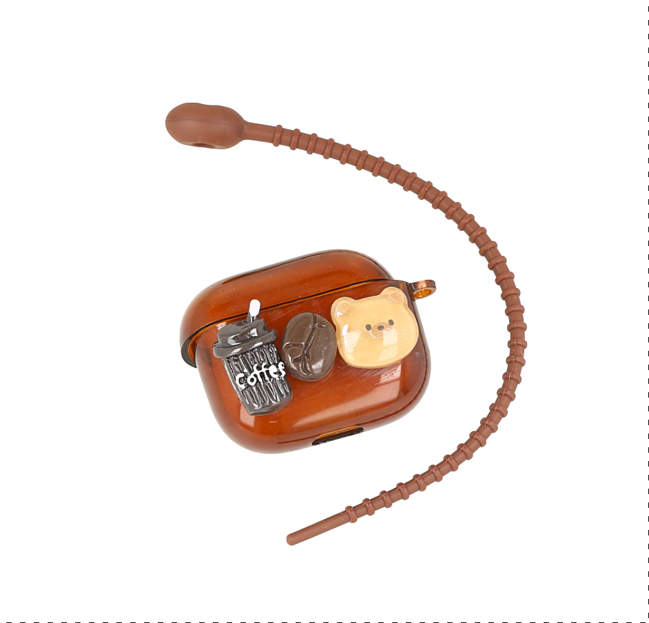 Case para AirPods con un diseño tridimensional de osito de café y una correa de silicona