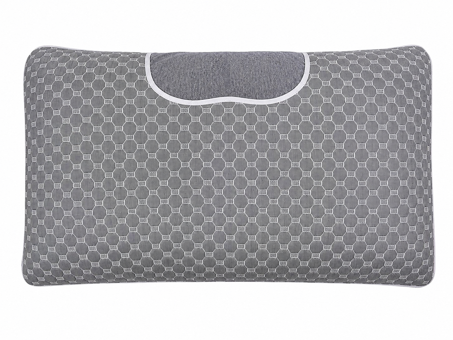 Almohada ergonómica gris con diseño de panel y soporte cervical.