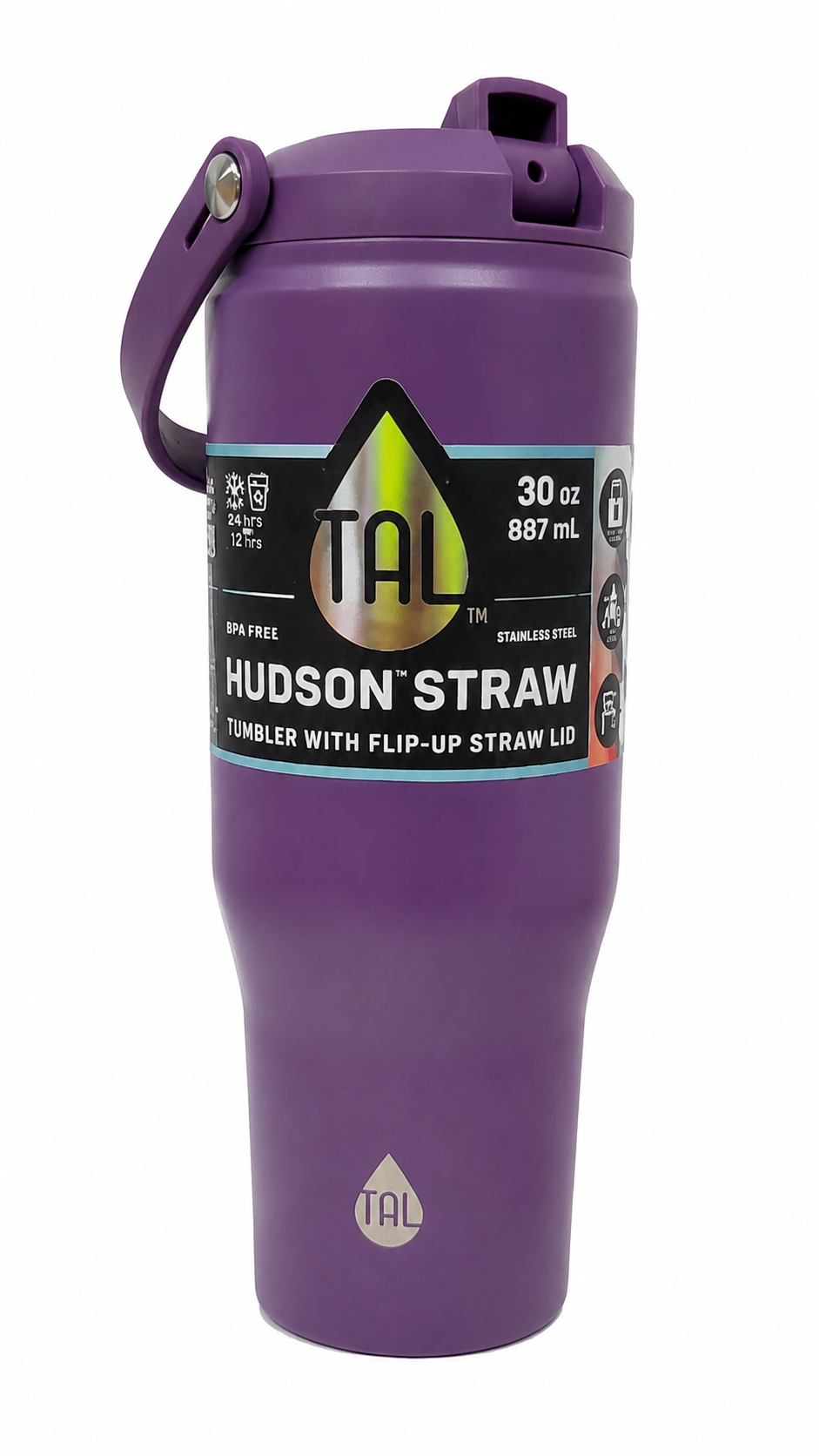 Vaso térmico morado de 30 oz con pajilla abatible y asa.