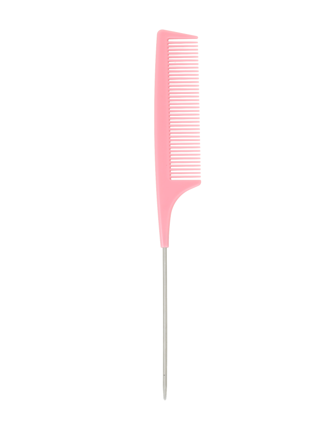 Peine de cola de aguja de acero inoxidable en color rosa para peinar y separar el cabello.