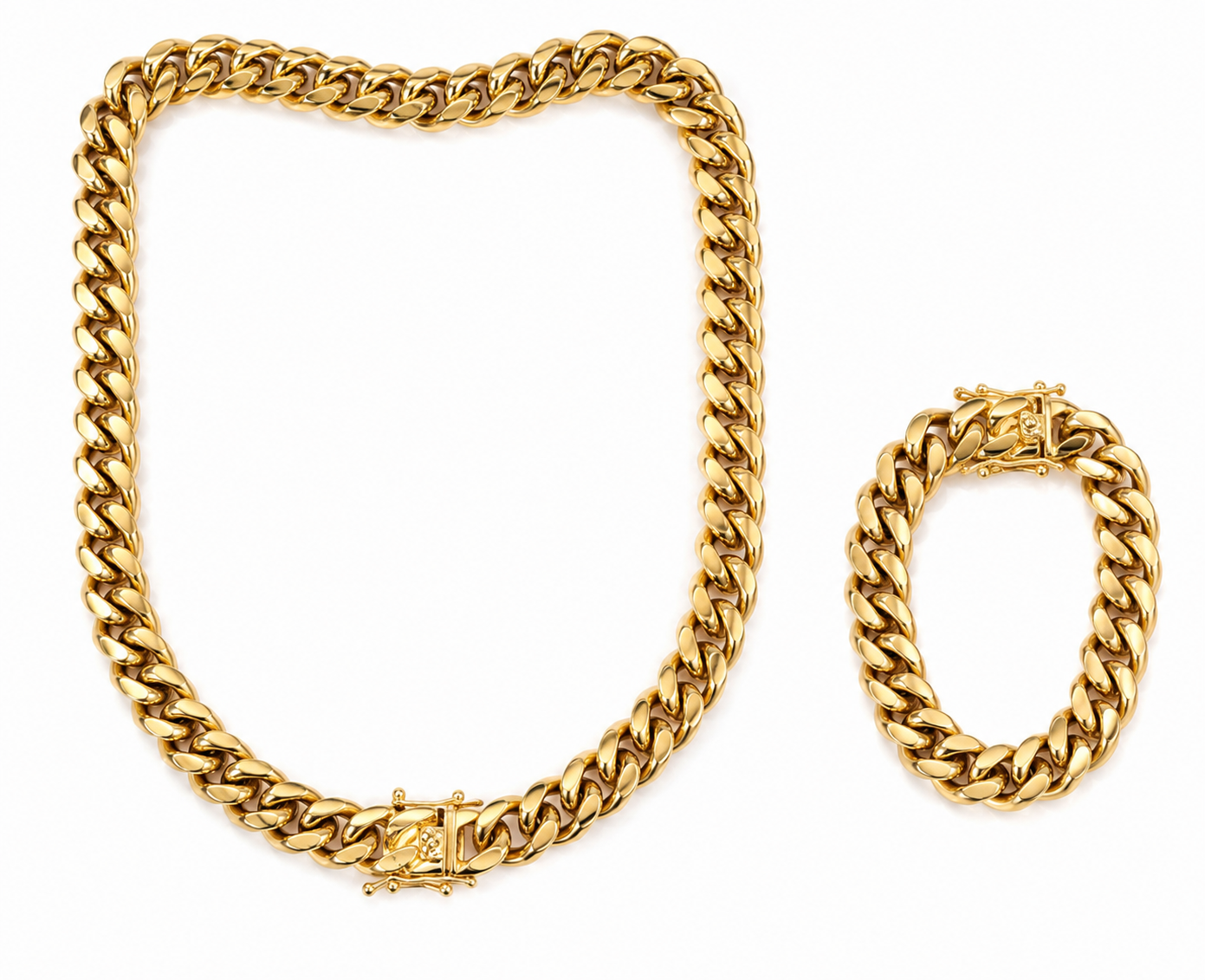 Set de Cadena y Pulsera Cubana de Eslabones Gruesos con Acabado Dorado Brillante.