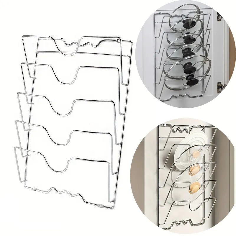 Soporte de pared de acero inoxidable para tapas de ollas, organizador de 5 niveles para encimeras de cocina, organizadores y almacenamiento de cocina.
