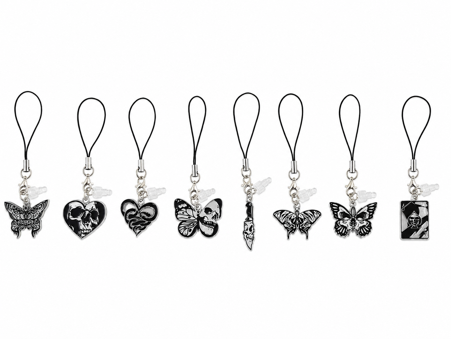 Set de Colgantes Góticos para Celular con Diseños de Mariposas, Calaveras y Cartas.