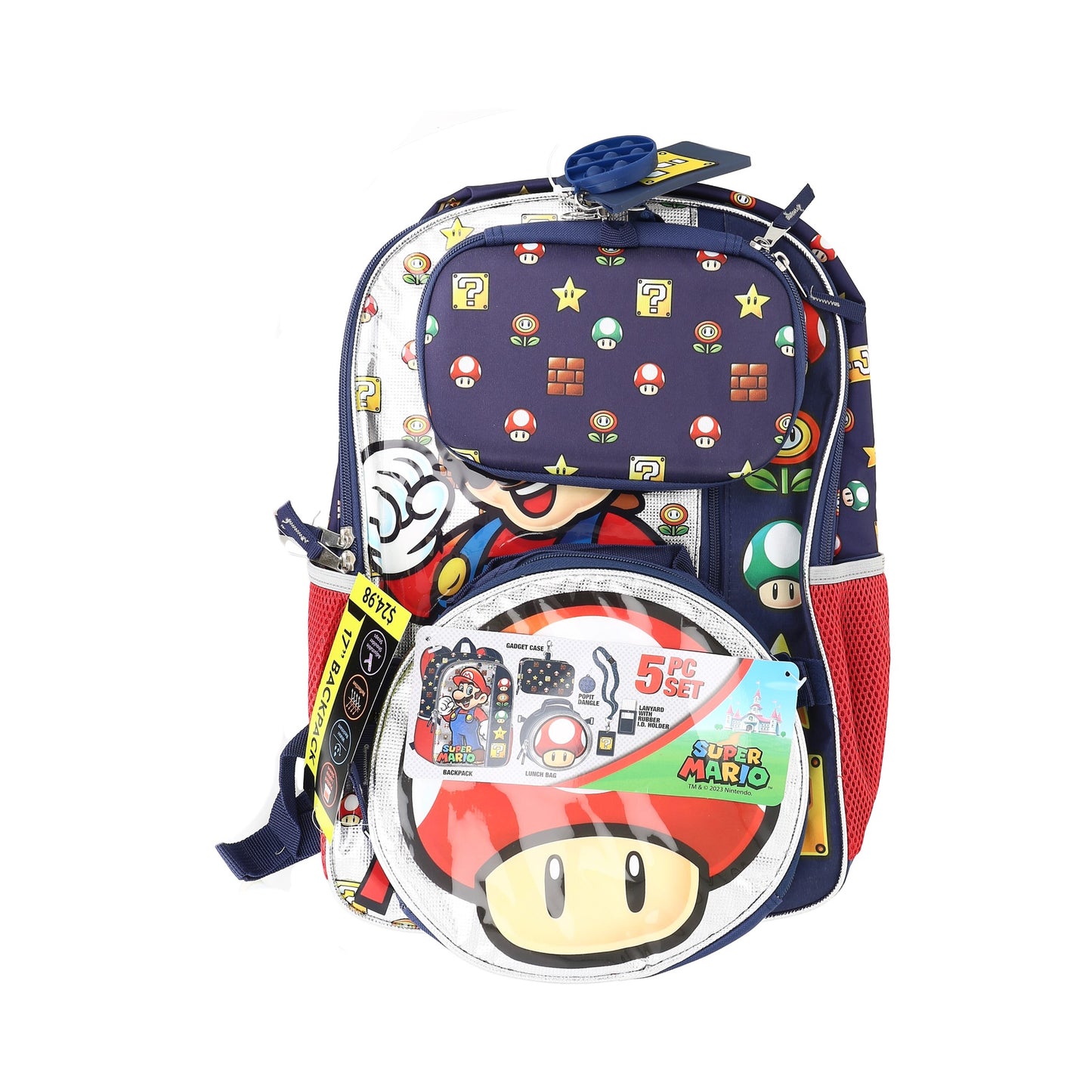mochila azul de super mario set completo.