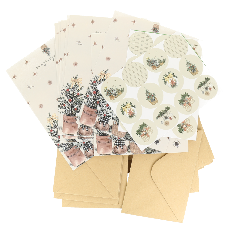 conjunto de papelería navideña DIY que incluye tarjetas, sobres con motivos festivos.