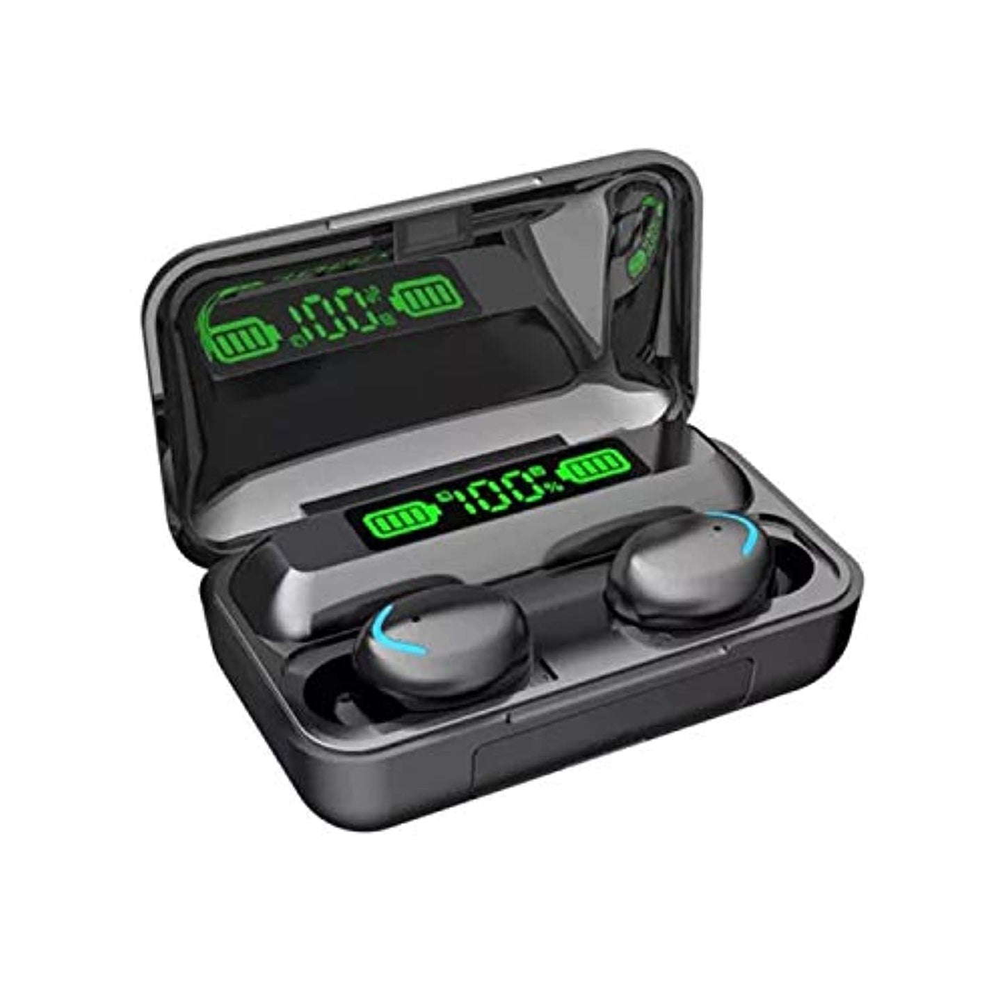 Auriculares inalámbricos en color negro con un estuche de carga que cuenta con una pantalla LED para el nivel de batería.