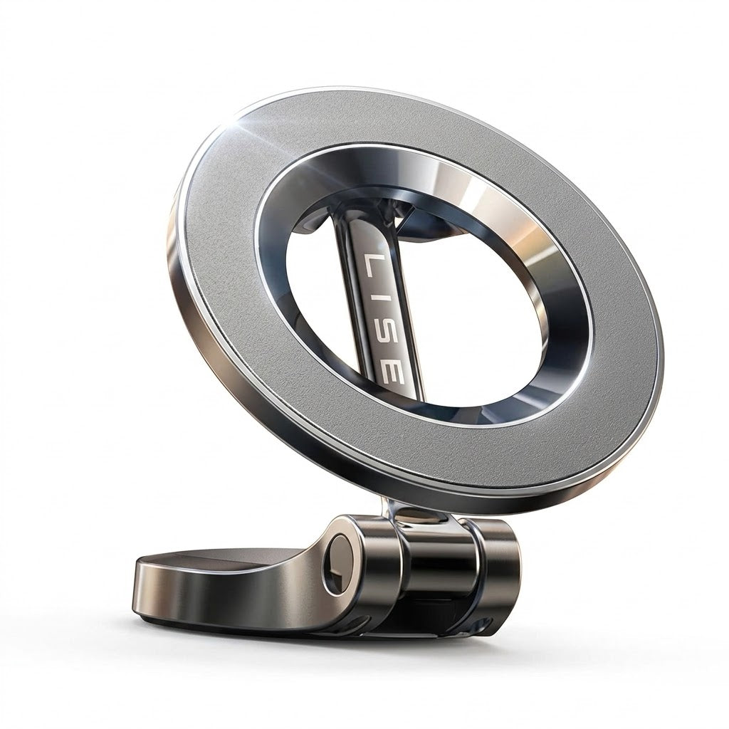 Soporte magnético para automóvil cuenta con un diseño plegable y un anillo magnético compatible con MagSafe.