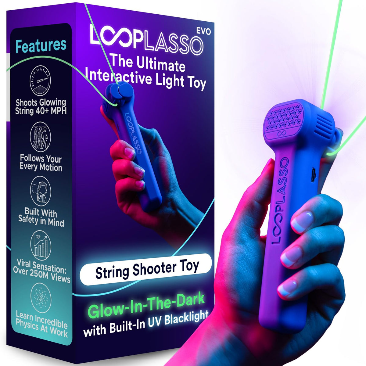 Juguete interactivo lanzador de cuerda luminosa con luz UV integrada.