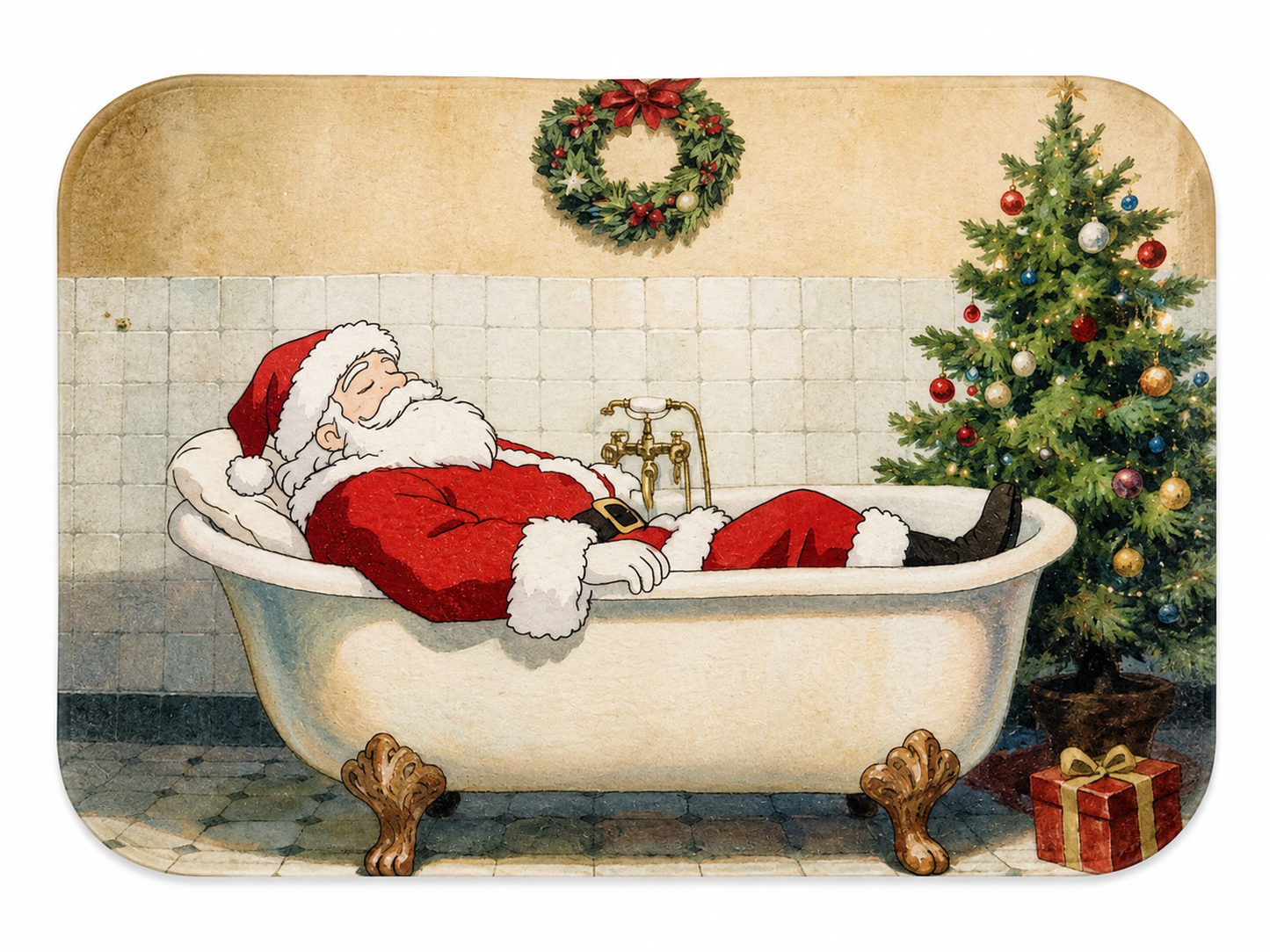 Alfombra Navideña Rectangular con Diseño de Santa Claus en Bañera y Árbol de Navidad.