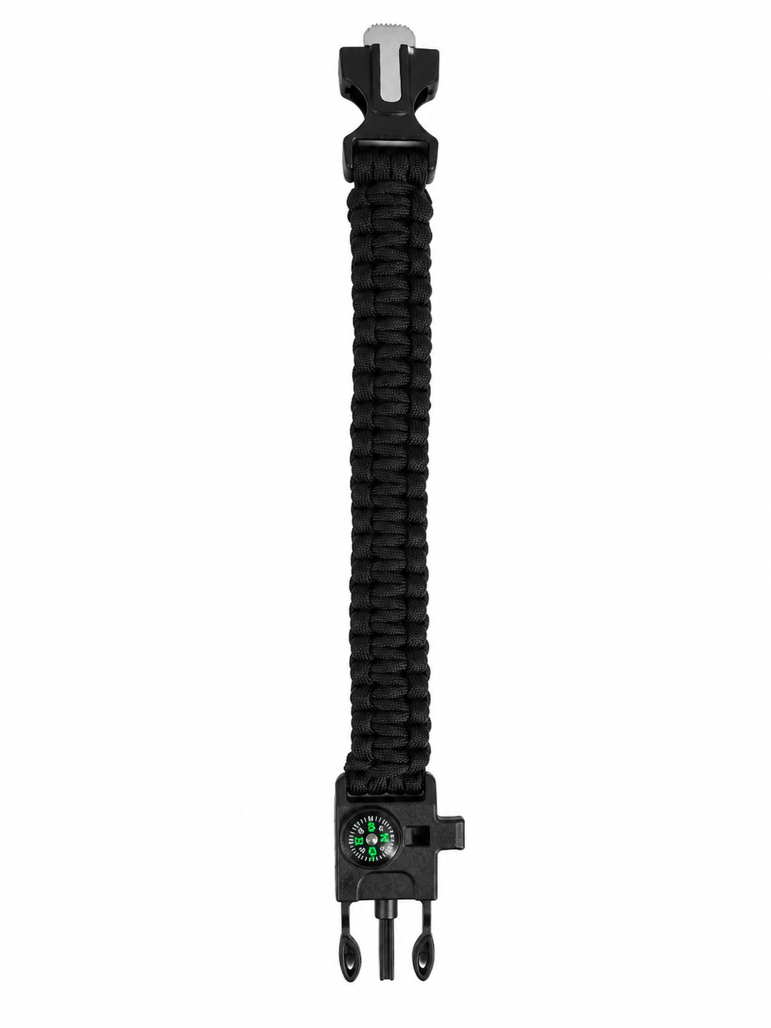 Pulsera de supervivencia de paracord color negro con brújula, silbato y pedernal multifunción.