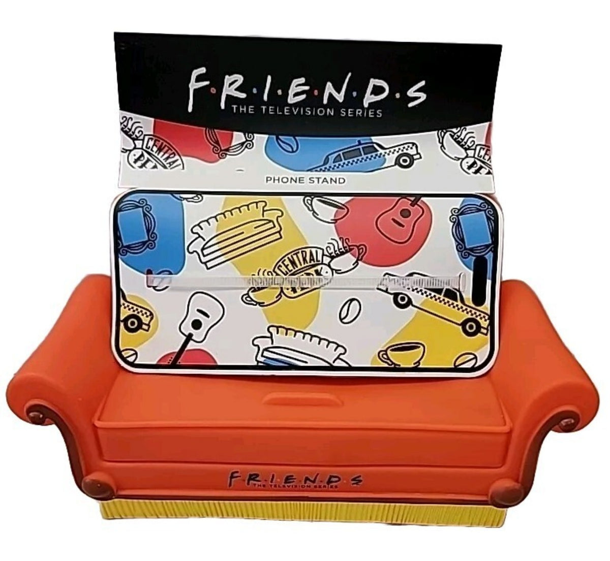 Soporte para Teléfono con Diseño de Sofá Naranja y Estampado Inspirado en Serie de Televisión.
