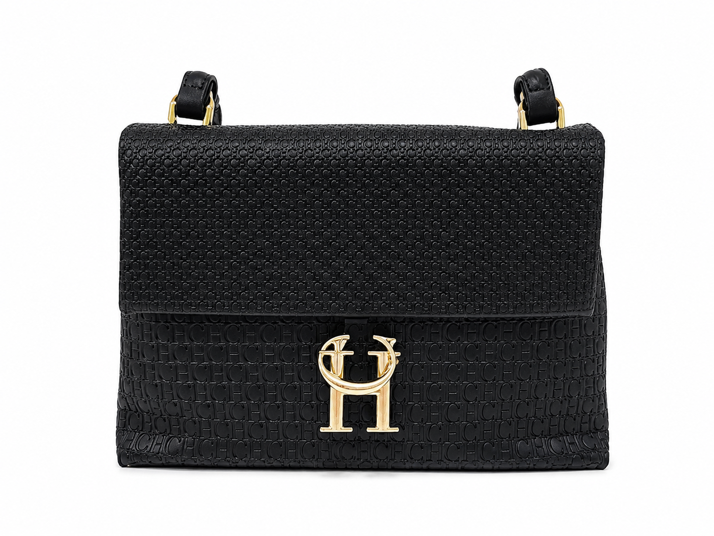 Bolso de Mano Elegante Color Negro con Textura Grabada, Cierre de Solapa y Herrajes Dorados.
