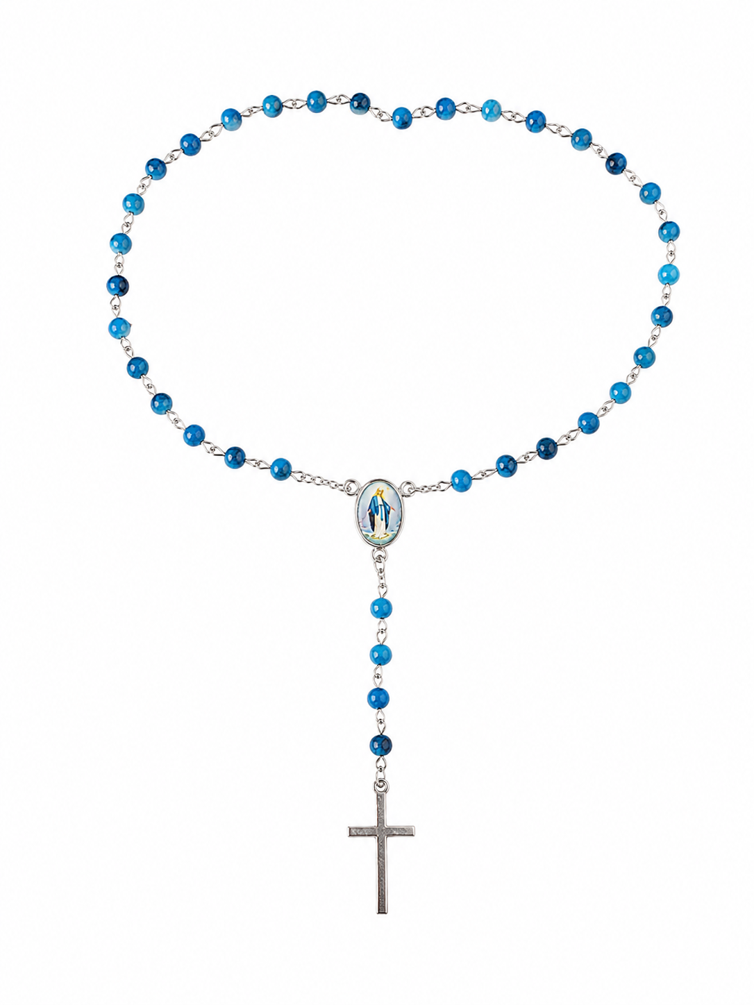 Rosario Católico de Cuentas Azules con Crucifijo Plateado.