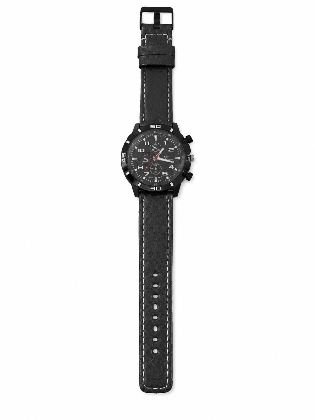 Reloj analógico deportivo para hombre con correa negra de cuero sintético y diseño cronógrafo.