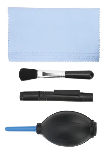 Kit de limpieza multifuncional incluye herramientas diseñadas para el mantenimiento de equipos electrónicos y ópticos.