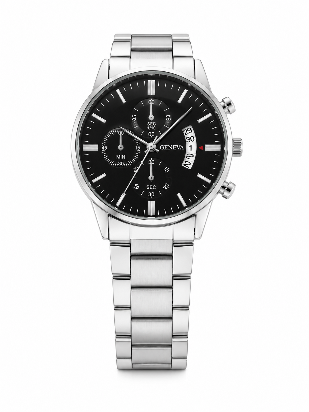 Reloj Analógico Plateado con Esfera Negra, Calendario y Pulsera Metálica.
