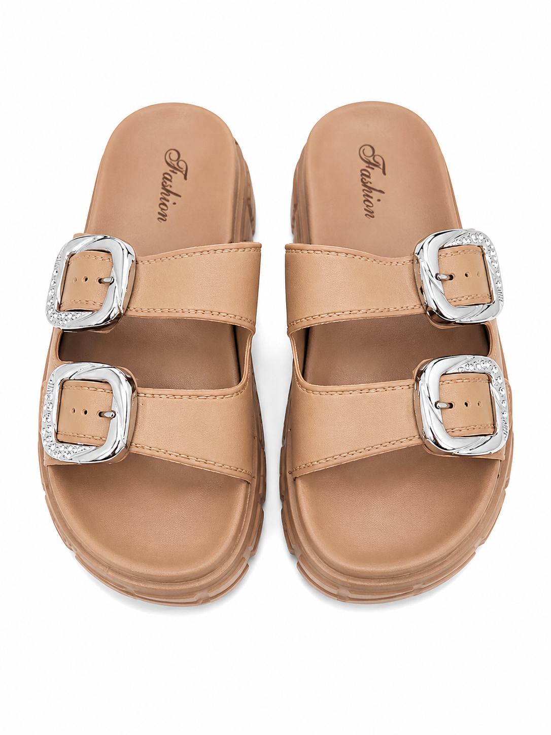 Sandalias casuales de doble hebilla color beige con suela de plataforma, talla 39.