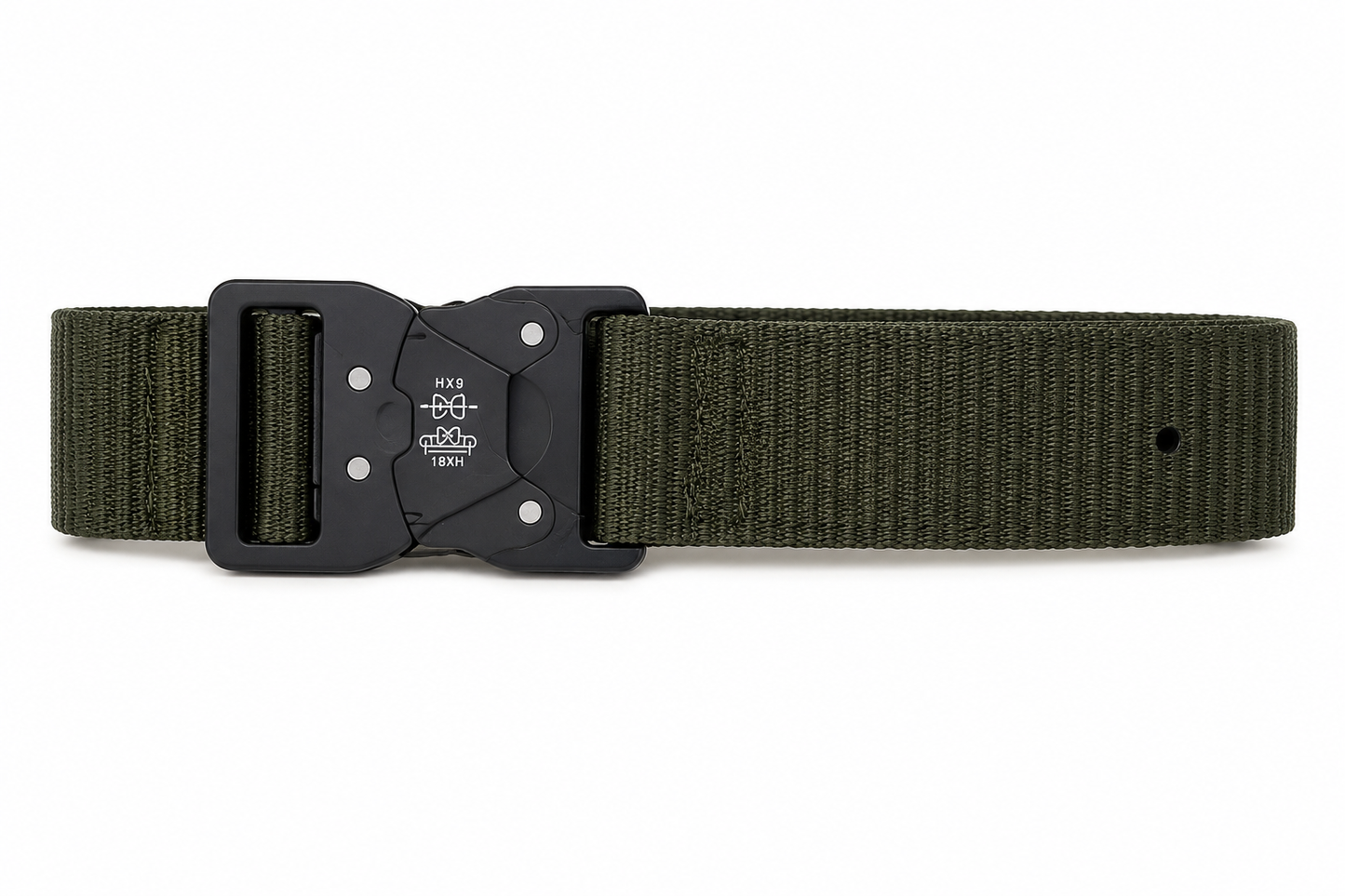 Cinturón táctico ajustable de nailon con hebilla metálica de liberación rápida color verde militar.