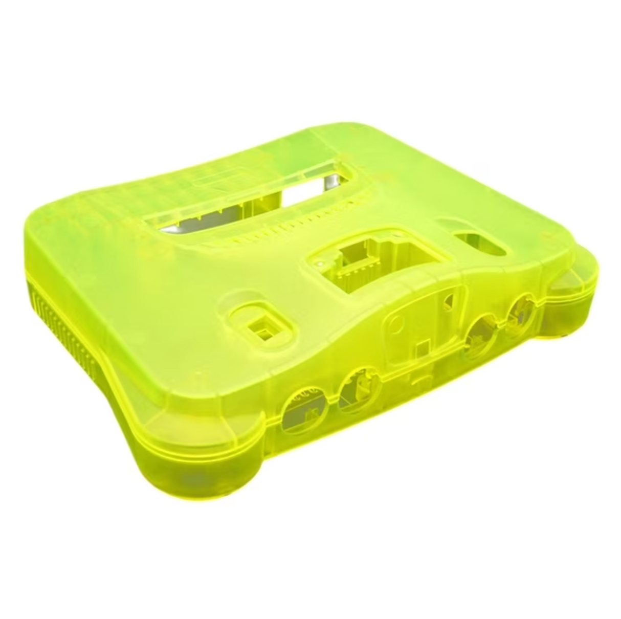Carcasa de repuesto translúcida para consola Nintendo 64 de color amarillo neón.