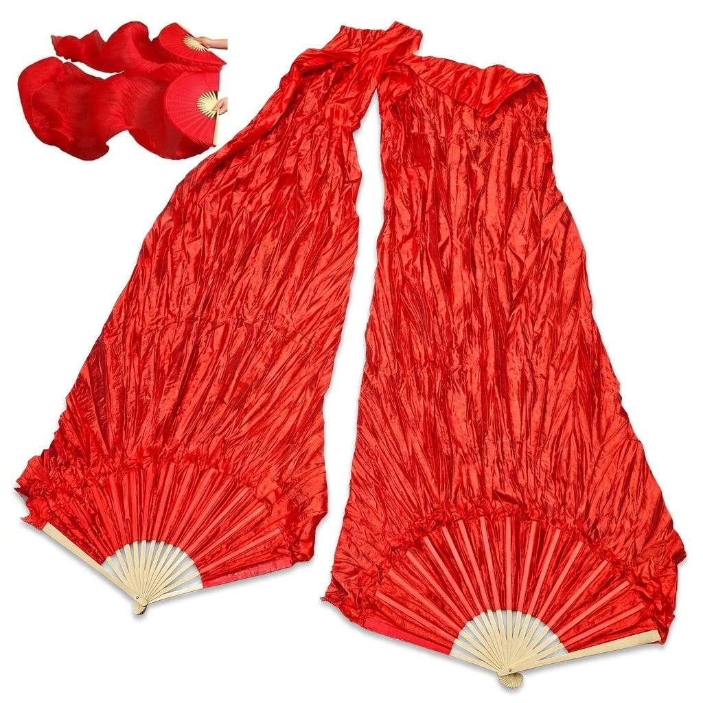 Abanicos largos de seda para danza (2 und) de color rojo, con varillas de bambú